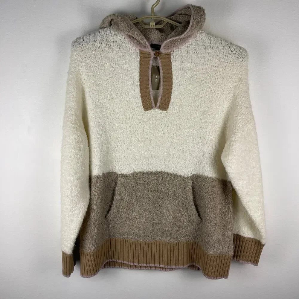J.Crew Colorblock Sweater Hoodie White Mocha Women's L/XL Cozy Oversized *Flaw